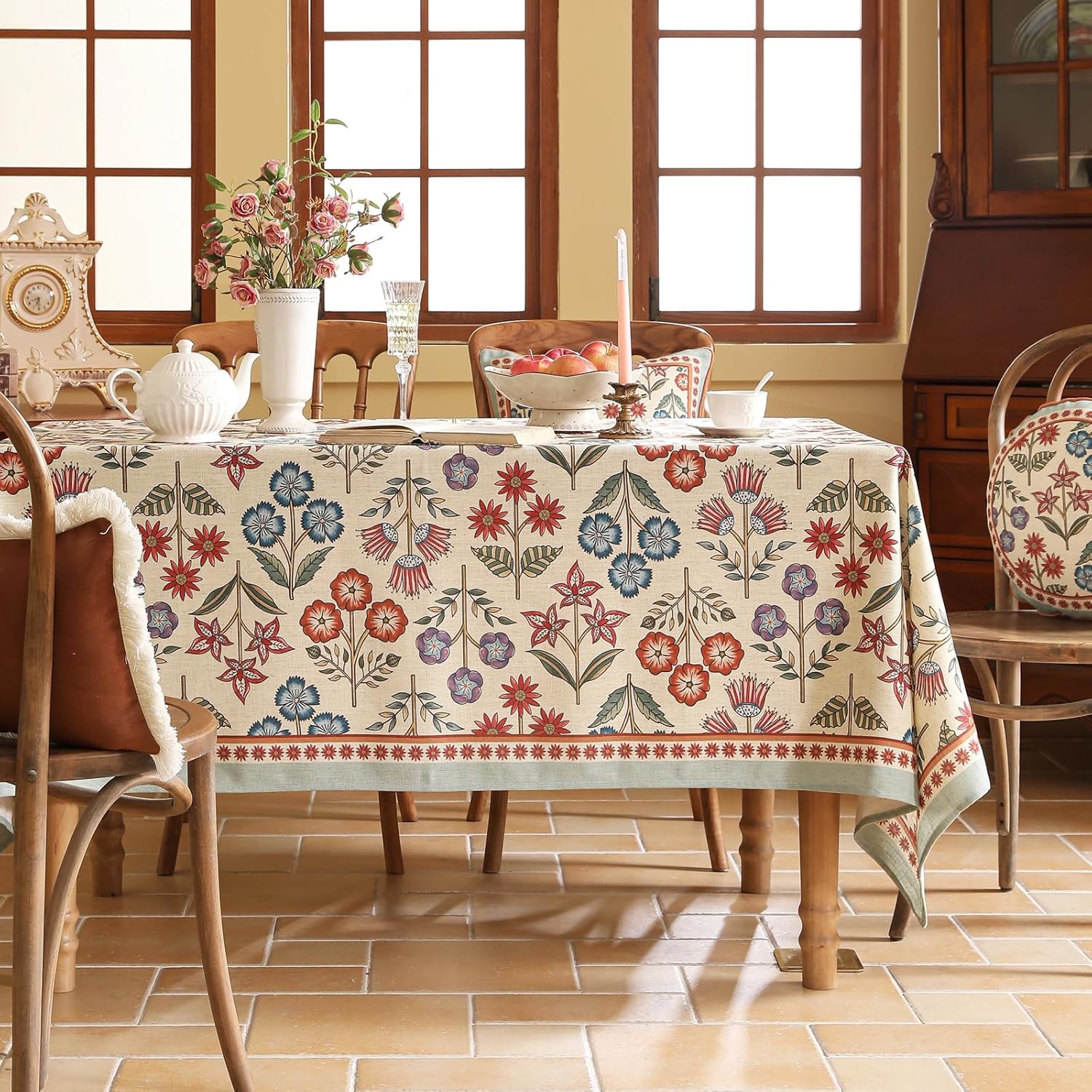 Floral and Tan French Linen Tablecloth for Rectangle Tables,Vintage Multiple Prints Table Cloth,Wrinkle Free Tablecloths,Decor Table Cover for Kitchen,Dining,Tea Party,Home,Christmas